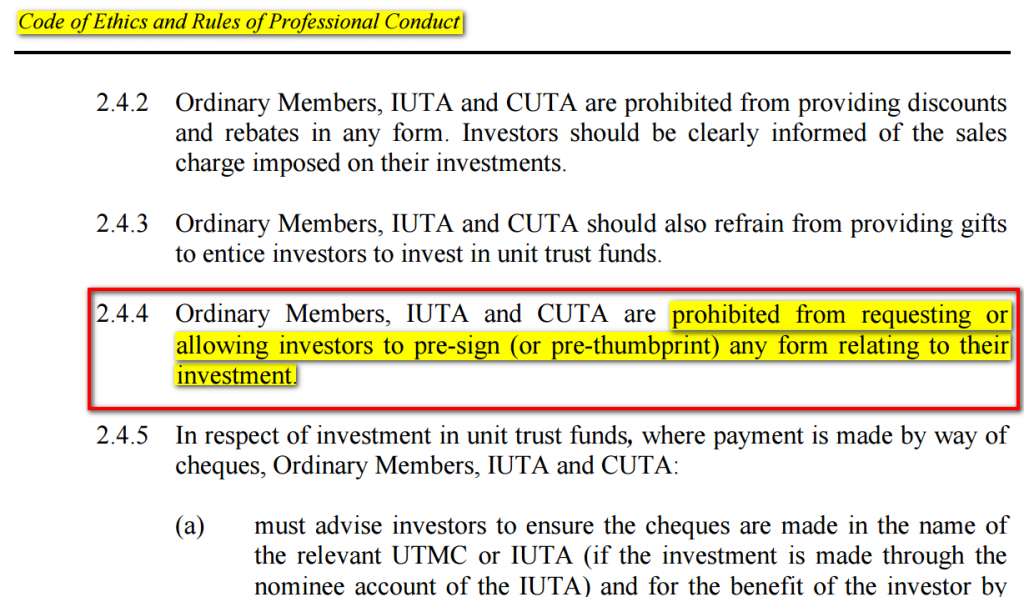 Tidak boleh sign in advance, Tidak boleh cap jari in-advance.